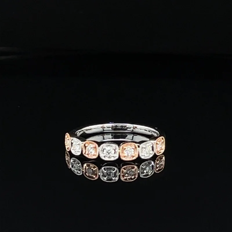 adjustable gold rings for women-Vintage Diamond Bezel Milgrain Ring in 14k Two-Tone Rose and White Gold - #249JRBP193PB