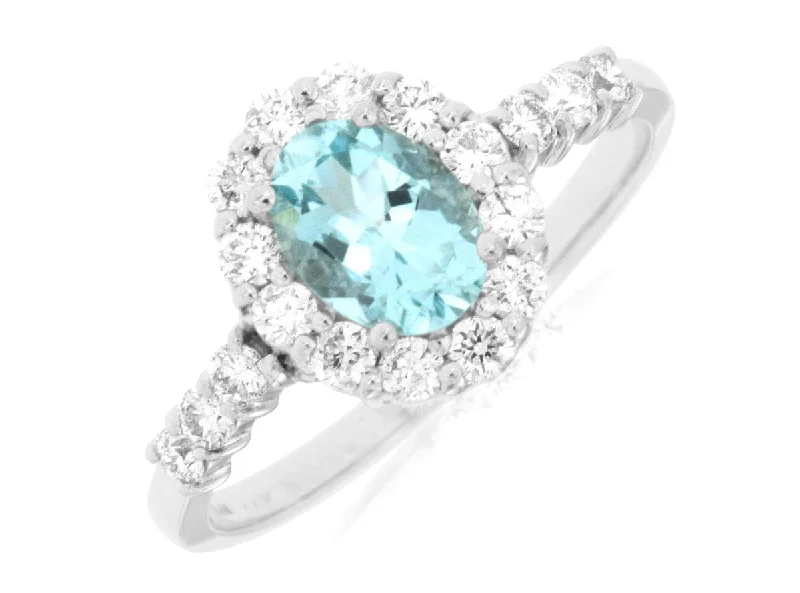 floral rings for women-14K White Gold Aquamarine & Diamond Halo Ring