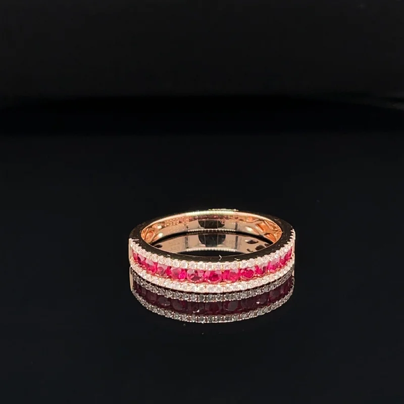 birthstone rings for women-Oval Ruby & Diamond 0.89ctw Triple Row Wedding Band Ring in 18k Rose Gold - #355 - RGRUB104987