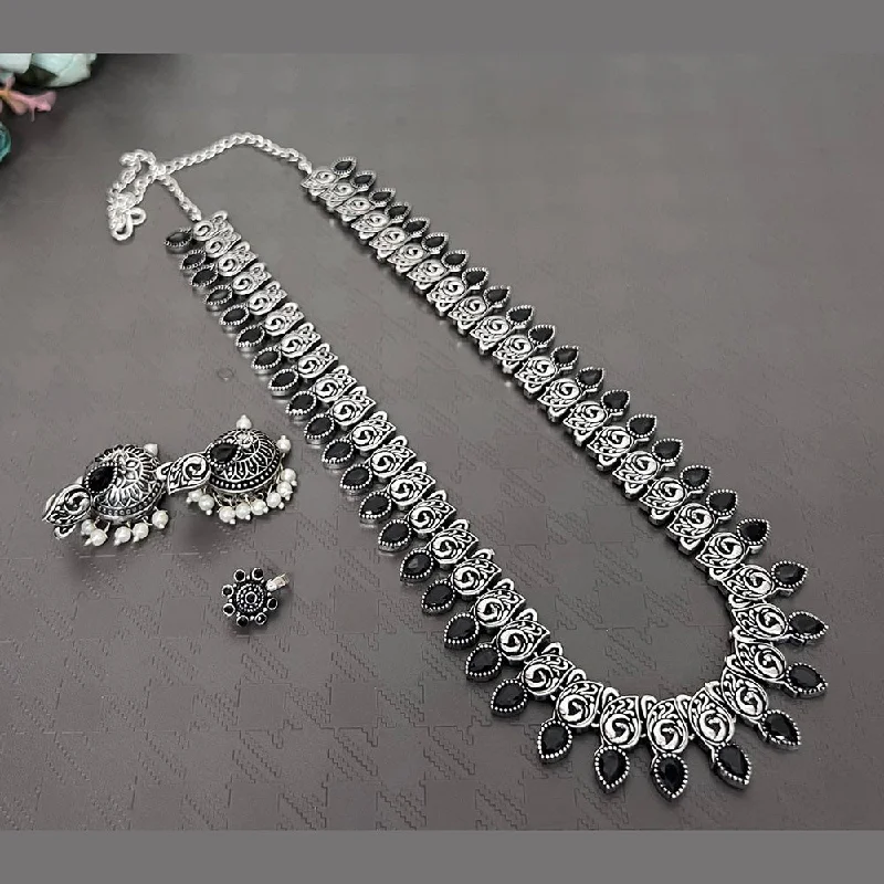 charm necklaces for women-Akruti Collection Oxidised Plated Long Necklace Set With Nose Pin