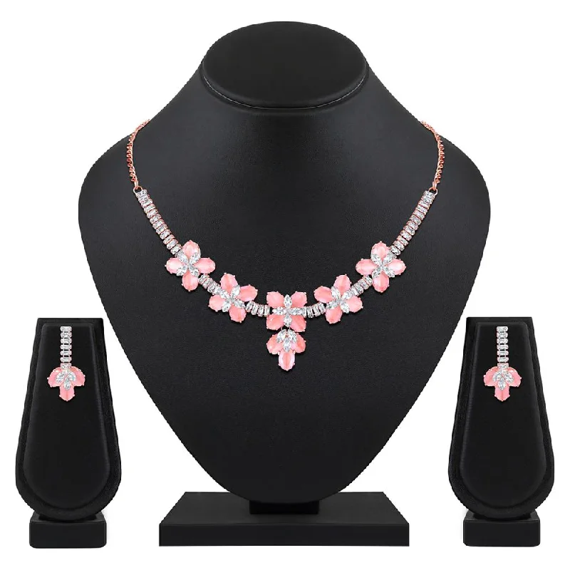 silver chain necklaces for women-Mahi Rose Gold Plated Pink and White Cubic Zirconia (CZ) Floral Women's Necklace Set (NL1103819ZPin)