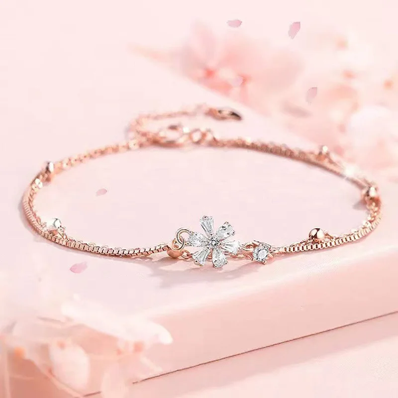 Double-Layer Cherry Blossom Bracelet with Beads-Rose Gold