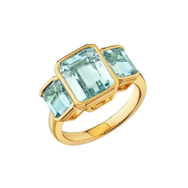 trendy rings for women-Three Stone Aquamarine Ring