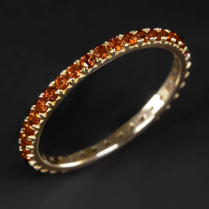 rose cut engagement rings for women-14K YELLOW GOLD GARNET STACKING FULL ETERNITY RING RED BURNT ORANGE WEDDING BAND