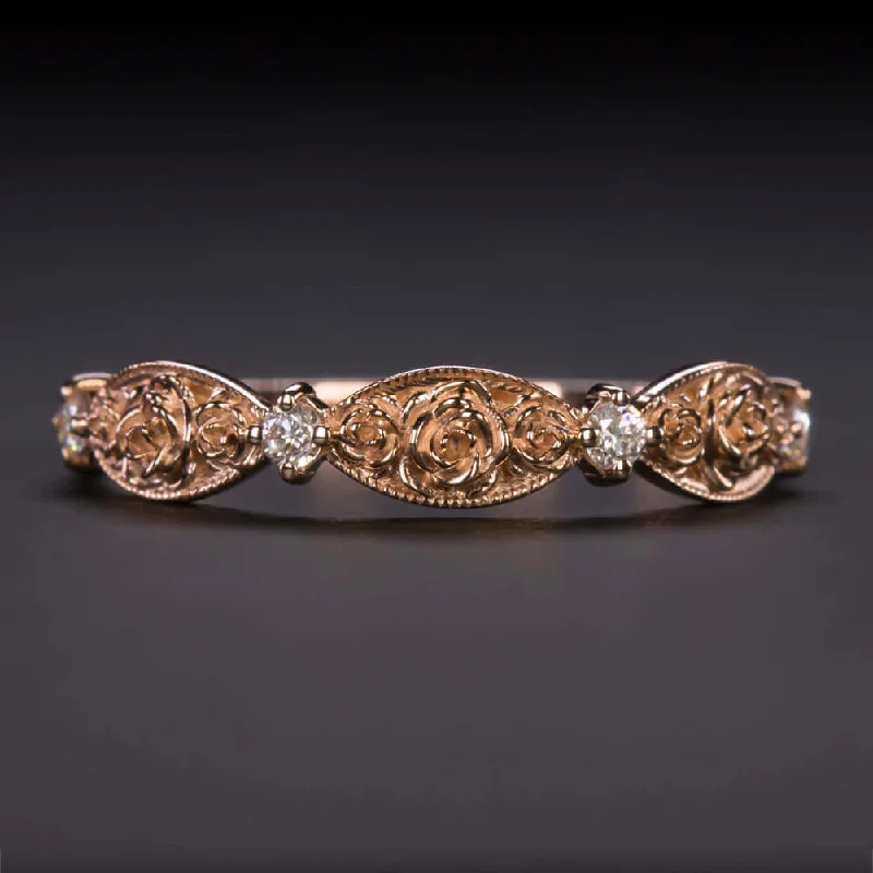 unique design engagement rings for women-DIAMOND 14 ROSE GOLD FLOWER RING ETERNITY WEDDING BAND FLORAL BOTANICAL STACKING