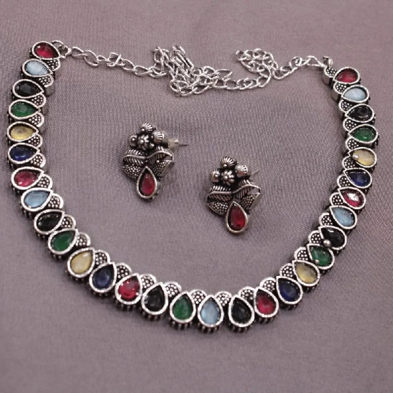 statement necklaces for women-Akruti Collection Oxidised Plated Pota Stone Necklace Set