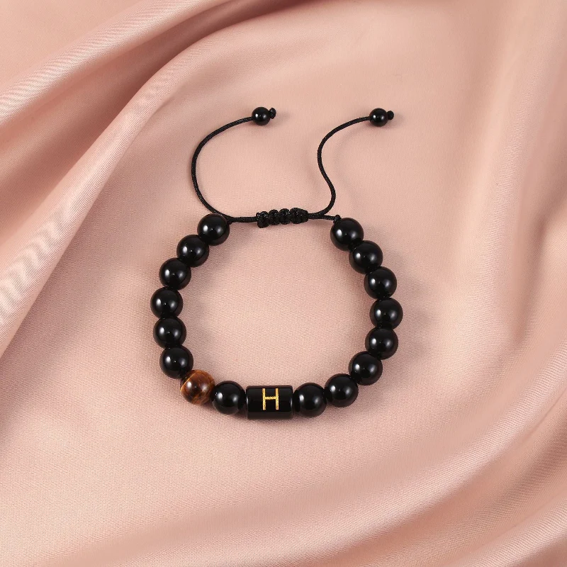 Obsidian Letter H Braided Rope Bracelet