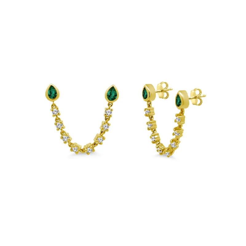 drop earrings for women-Emerald Pearl Bezel & Diamond Chain Stud