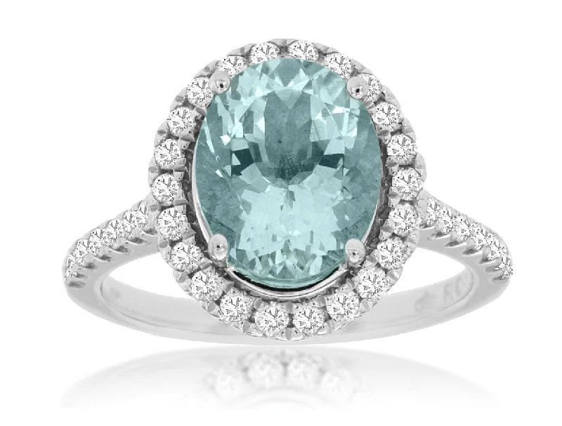 sapphire engagement rings for women-14K White Gold Aquamarine & Diamond Halo Ring