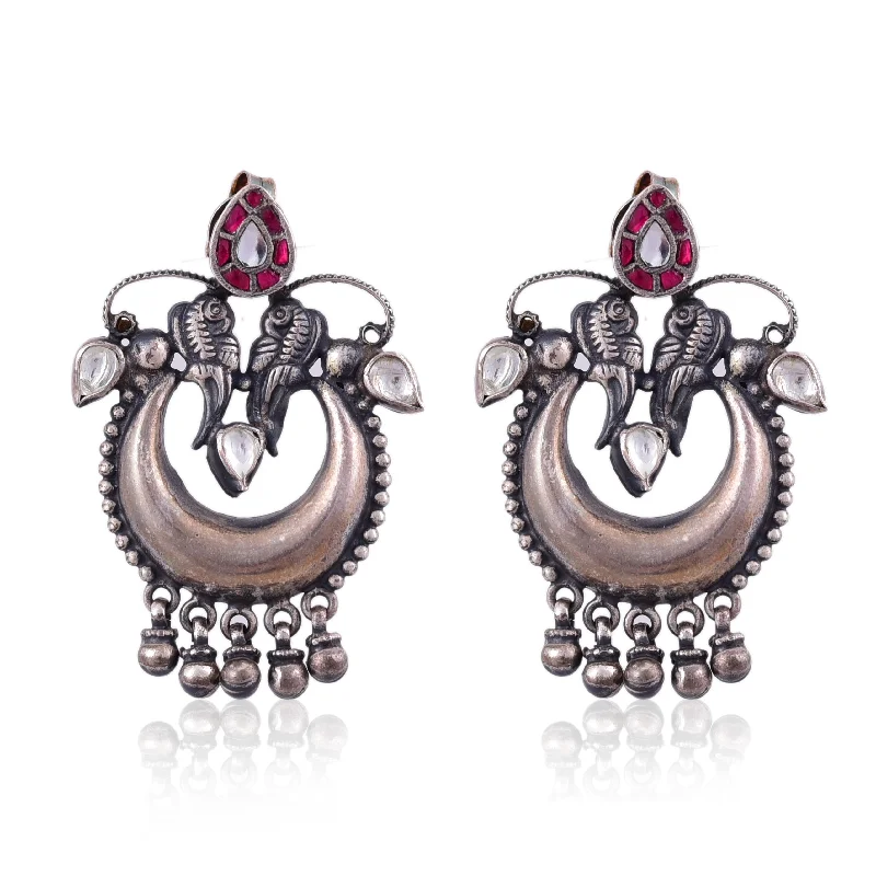 dangly earrings for women-Silver Mountain Sterling Oxidised Silver  two peacock Kundan Earring