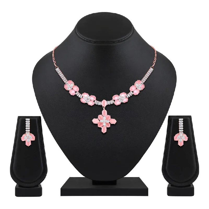 wedding necklaces for women-Mahi Rose Gold Plated Pink and White Cubic Zirconia (CZ) Floral Women's Necklace Set (NL1103814ZPin)