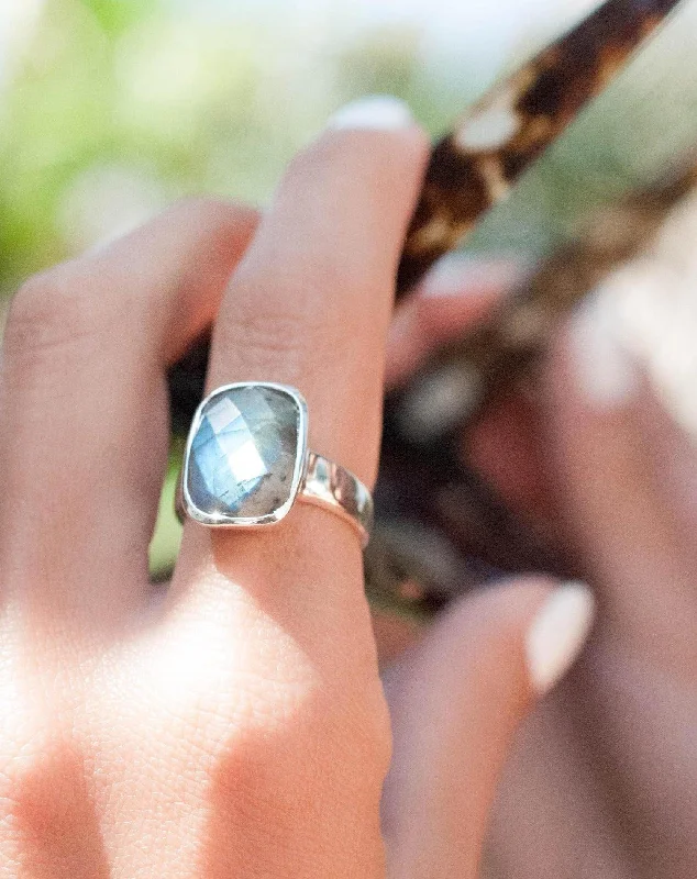 two-tone rings for women-Rectangle Rainbow Labradorite Ring ~ Sterling Silver 925 ~MR012