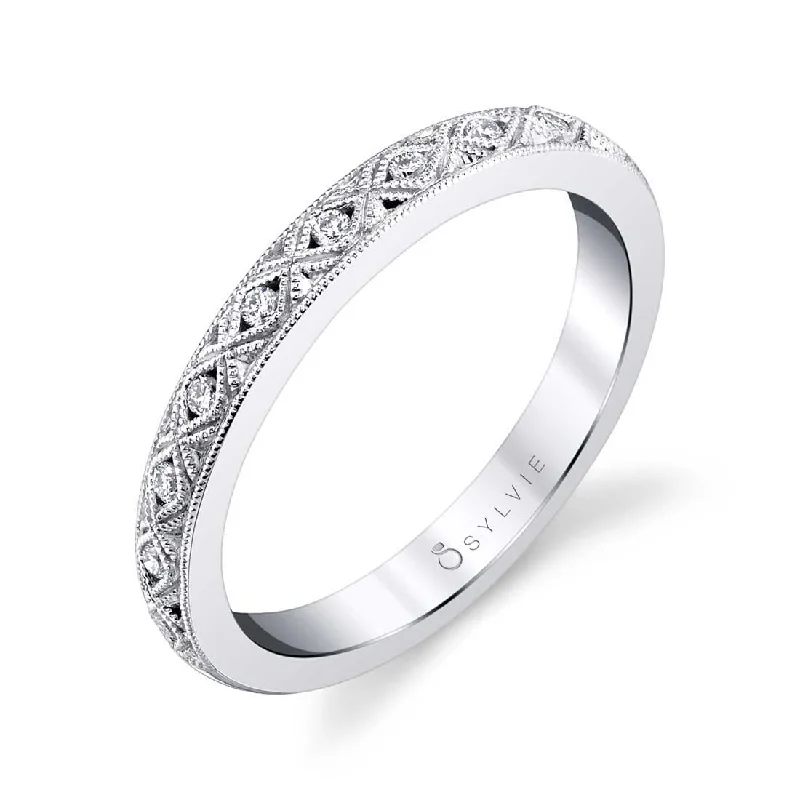 diamond engagement rings for women-Sylvie Vintage Inspired Stackable Wedding Band B0047