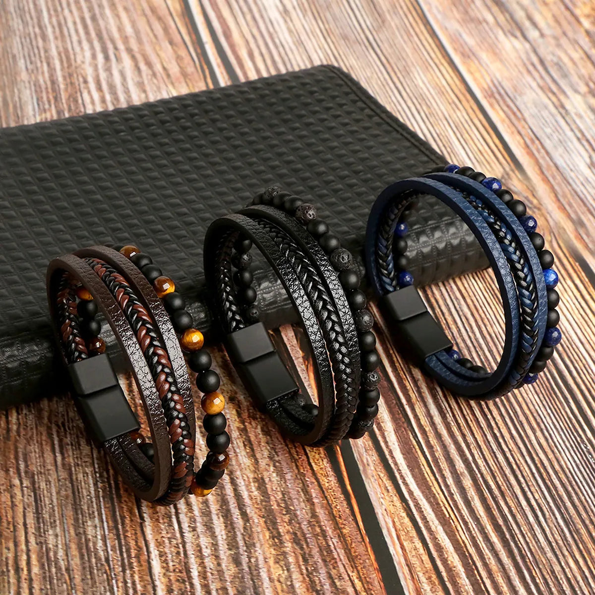 gold bangles for women-Fashion Round Pu Leather Alloy Tiger Eye Beaded Men'S Bracelets