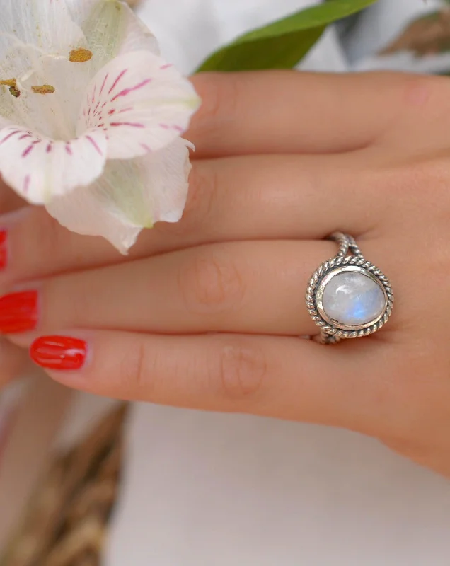 fashion rings for women-Round Moonstone Ring ~ Sterling Silver 925 ~MR030