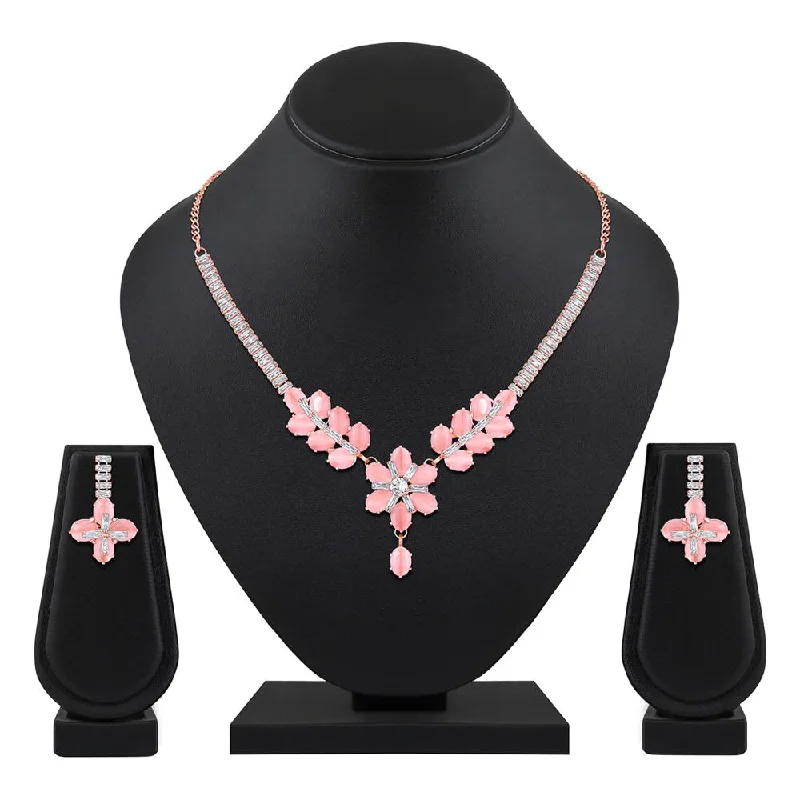 multi-layer necklaces for women-Mahi Rose Gold Plated Pink and White Cubic Zirconia (CZ) Floral Women's Necklace Set (NL1103817ZPin)