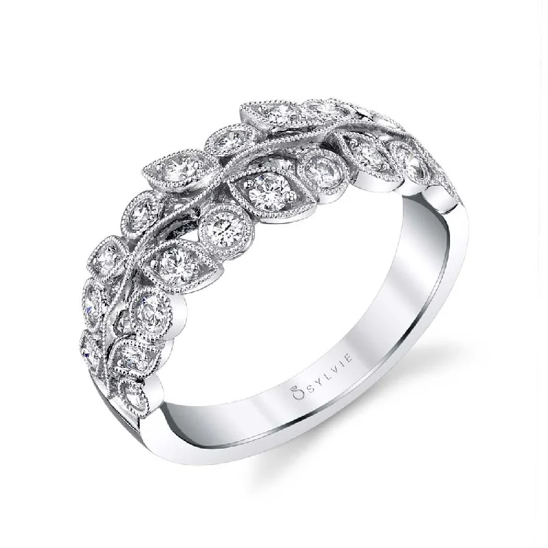 stackable engagement rings for women-Sylvie Stackable Floral Diamond Wedding Band - B0029