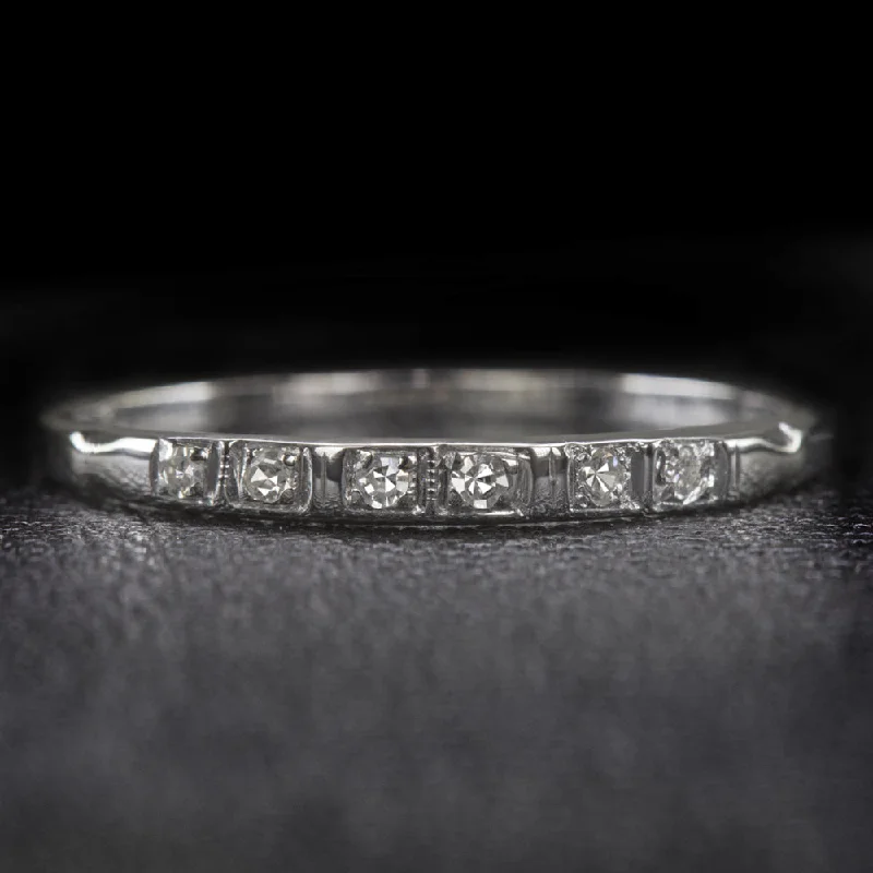 three-stone engagement rings for women-VINTAGE DIAMOND WEDDING BAND STACKING RING DAINTY 14k WHITE GOLD ESTATE NATURAL