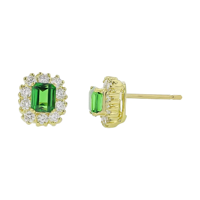 pink gemstone earrings for women-Emerald-cut Green Tsavorite and Diamond Halo Earrings