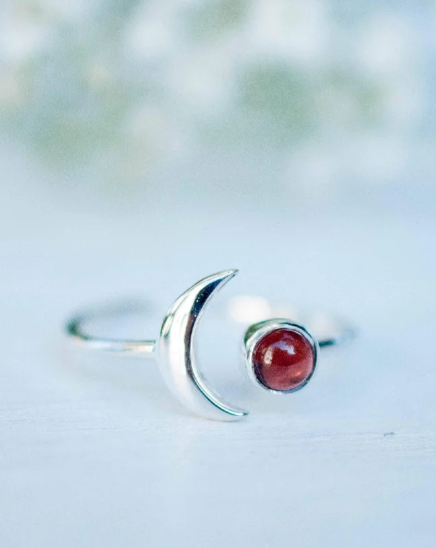 engagement rings for women-Malibu Half Moon Ring ~ Garnet ~ Sterling Silver 925 ~MR117