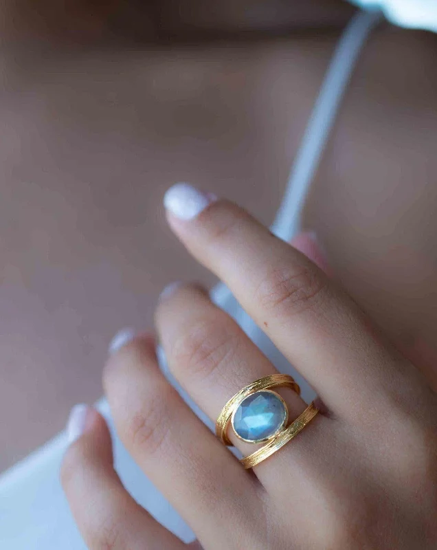 contemporary rings for women-Double Ring ~ Rainbow Labradorite ~ 18k Gold Plated ~ MR308