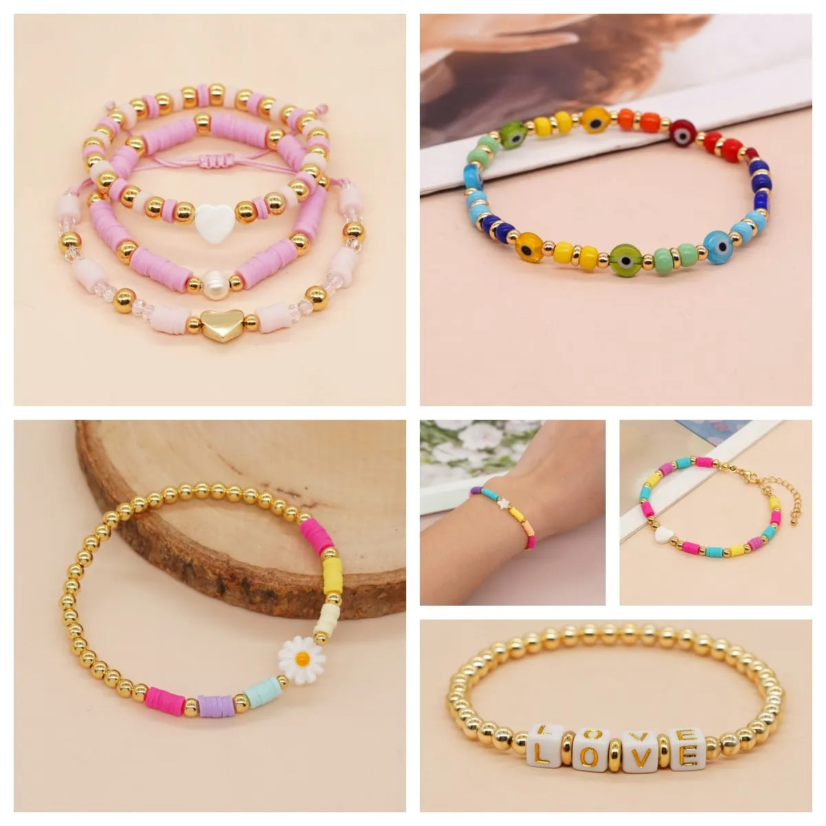 vintage gold bangles for women-Casual Pentagram Letter Heart Shape Glass Glass Soft Clay Beaded Women's Bracelets