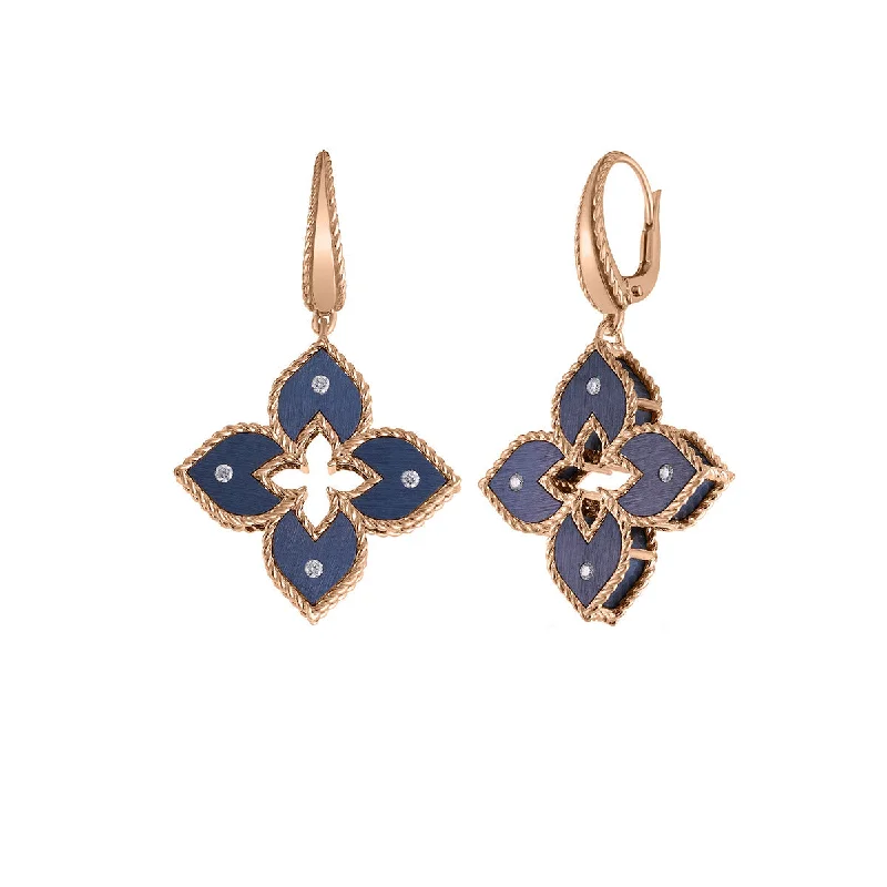 boho earrings for women-18K Rose Gold Small Blue Titanium and Diamond Flower Dangle Earrings