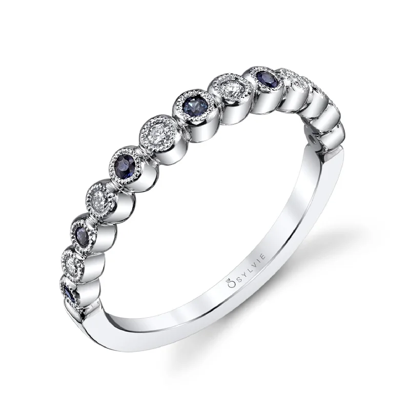 pear-shaped diamond engagement rings for women-Sylvie Round White Gold & Blue Sapphire Stackable Wedding Band B0012-BS