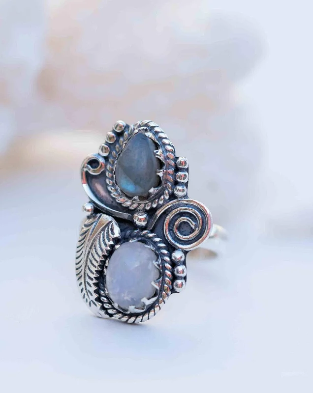 luxury rings for women-Nanda Ring ~Rainbow Labradorite and Moonstone ~ Sterling Silver 925 ~ MR287