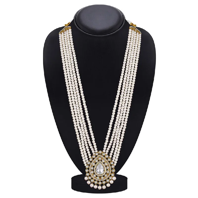 diamond-studded necklaces for women-Mahi White Crystals and Artificial Beads Sherwani Multiplayer Moti Dulha Mala Haar Necklace for Men (ML1108108GWhi)