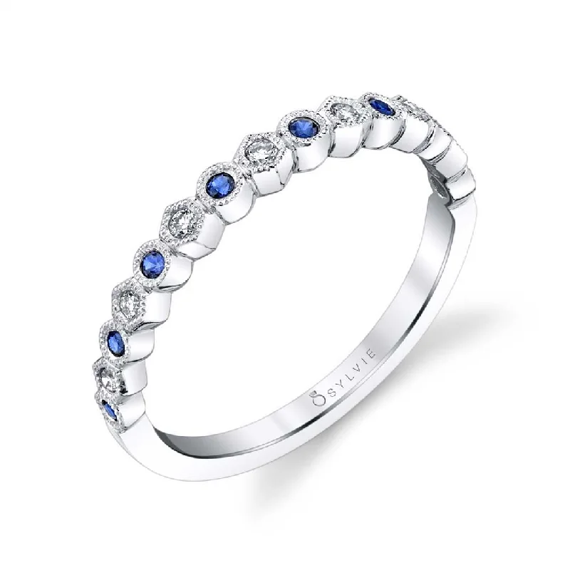 affordable engagement rings with diamonds for women-Sylvie Blue Sapphire Gemstone Wedding Band B0019-BS