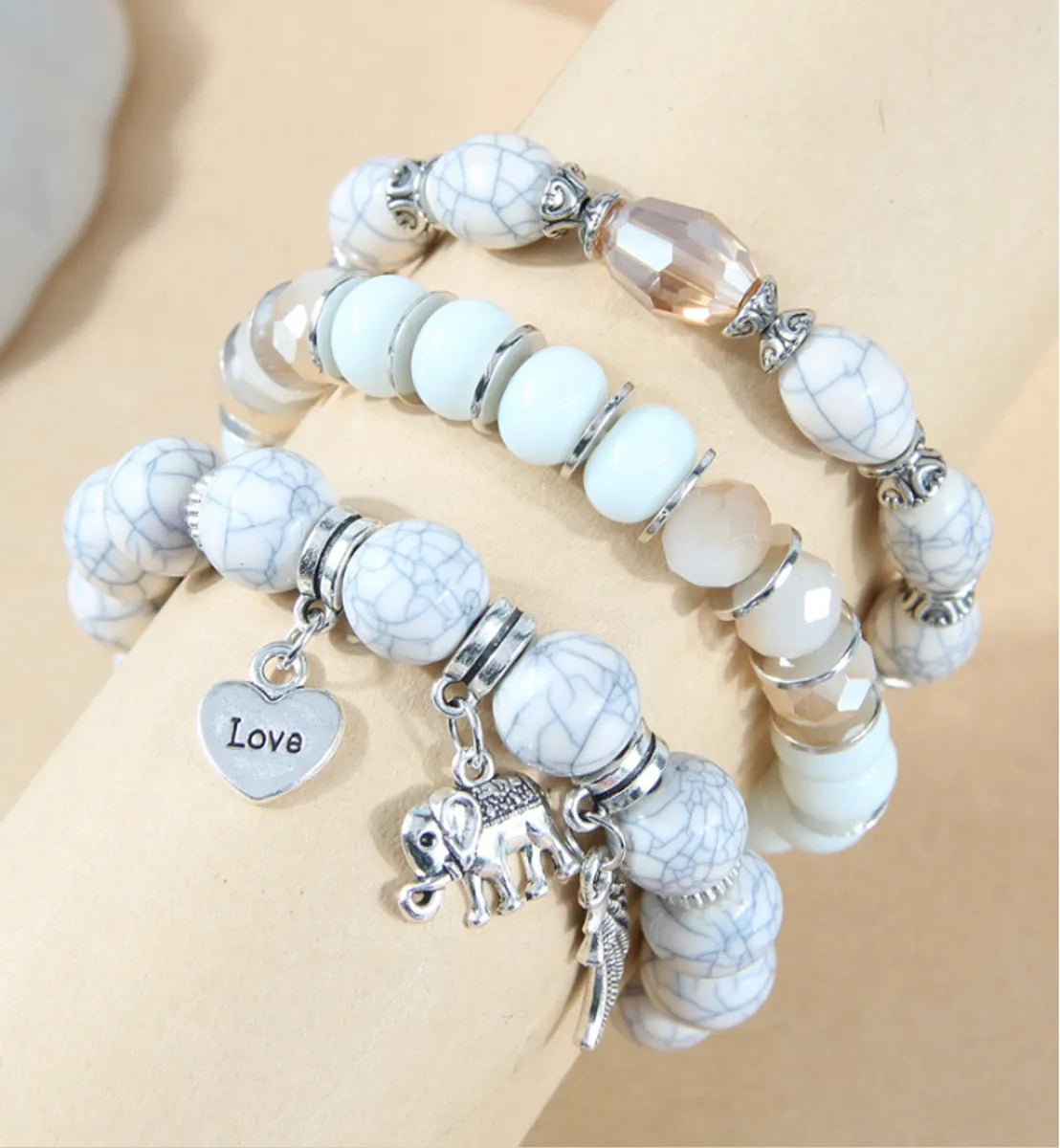 silver beaded bracelets for women-3 Piece Set Retro Letter Heart Shape Elephant Alloy Glass Beaded Women's Bracelets