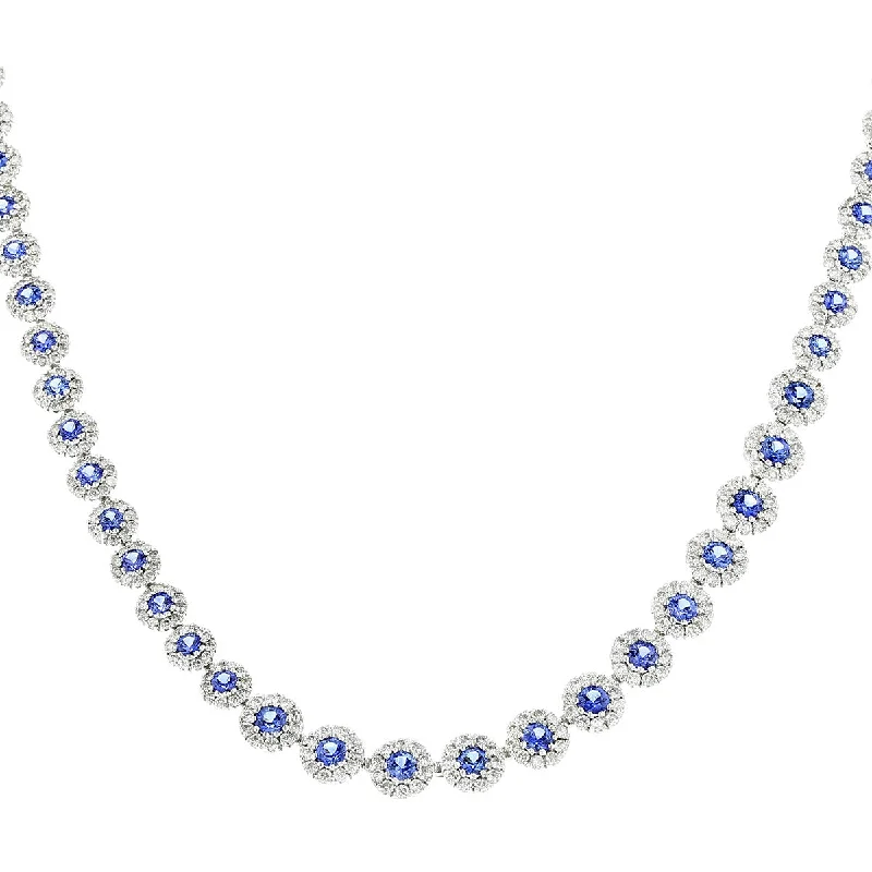 diamond necklaces for women-14K Gold Sapphire Diamond Riviera Halo Necklace