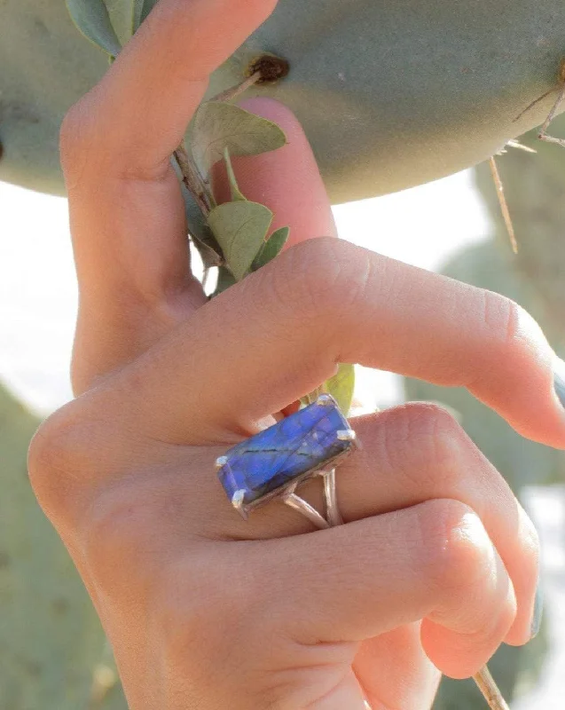 engagement rings for women-Rainbow Labradorite Rectangular Ring ~Sterling Silver 925 ~ MR277