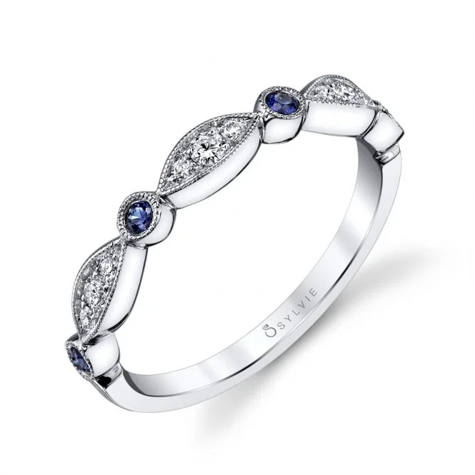 luxury engagement rings for women-Sylvie Vintage Diamond and Sapphire Stackable Wedding Band - B0011-BS