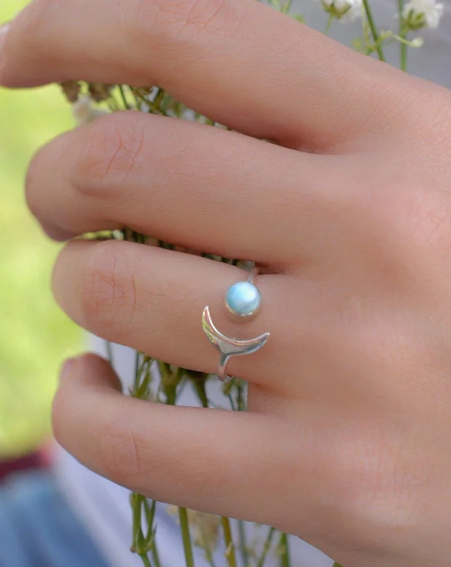 adjustable gold rings for women-Malibu Half Moon Ring ~Larimar ~ Sterling Silver 925 ~ MR131