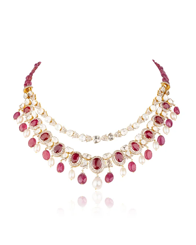 layered necklaces for women-Afifa Polki And Diamond Necklace