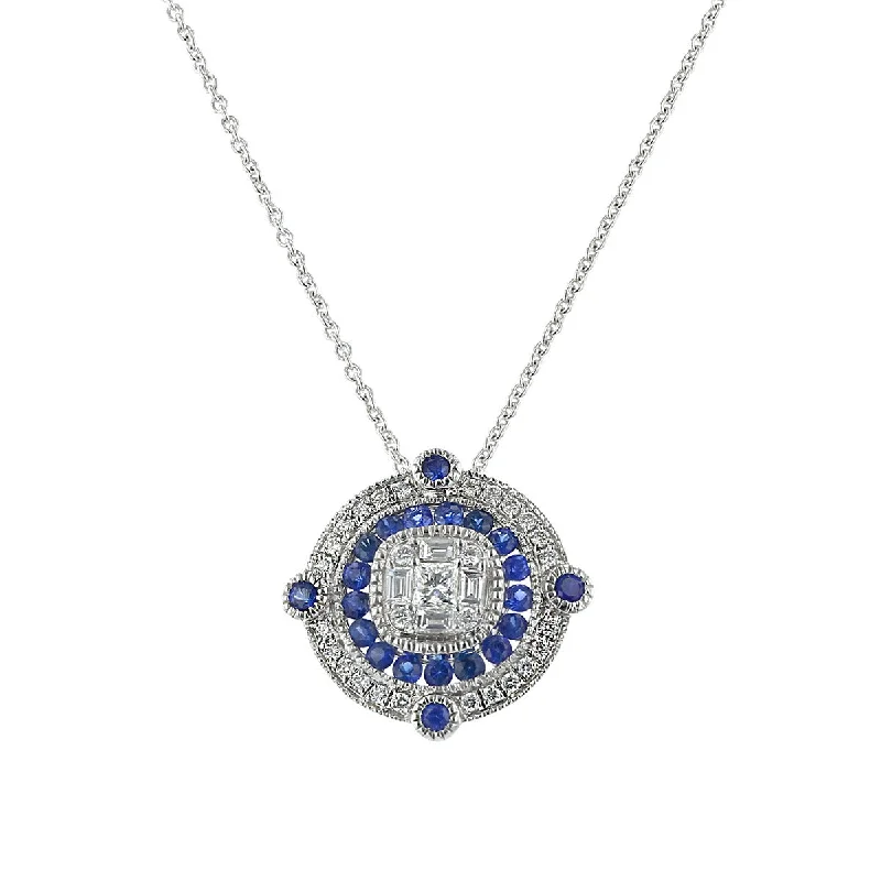 engraved necklaces for women-14K White Gold Diamond and Sapphire Necklace