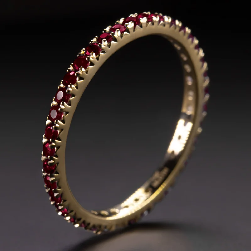 cushion engagement rings for women-RUBY 14K YELLOW GOLD ETERNITY RING STACKING WEDDING BAND NATURAL RED GEMSTONE