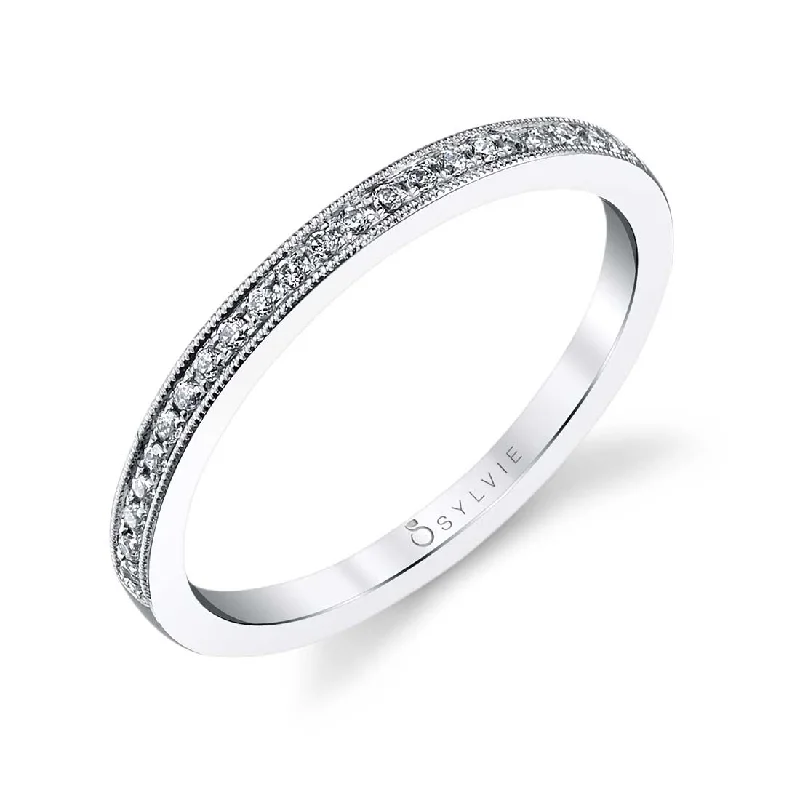 thin band engagement rings for women-Sylvie Classic Wedding Band With Milgrain Accents BS1085