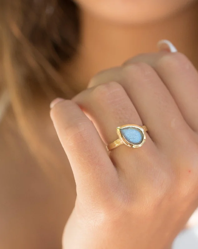 platinum rings for women-Lica Rainbow Labradorite Tear Drop Ring ~ 18k Gold Plated ~ SMR127