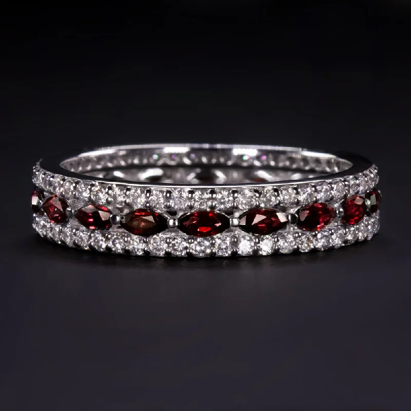 bridal engagement rings for women-NATURAL RUBY DIAMOND WEDDING BAND ETERNITY RING 3 ROW VINTAGE STYLE WHITE GOLD