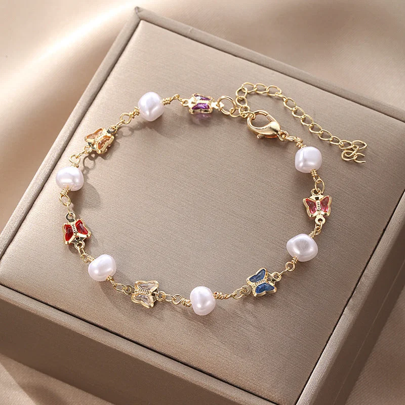 jsz131-8-hb-Eco-friendly Colorized Butterfly round Pearl Bracelet