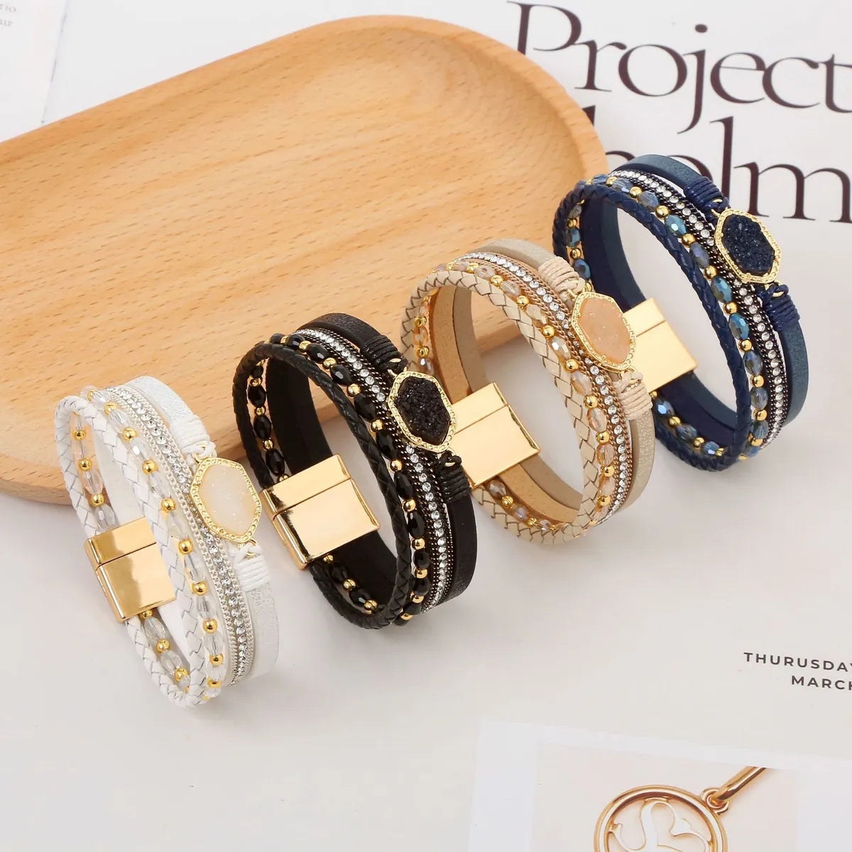 floral bracelets for women-Simple Style Commute Hexagon Pu Leather Alloy Plating Braid Inlay Zircon Gold Plated Women's Bangle