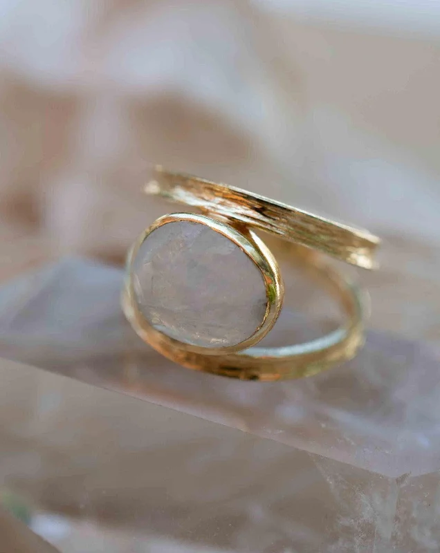 square rings for women-Double Ring ~ Rainbow Moonstone ~ 18k Gold Plated ~ MR307