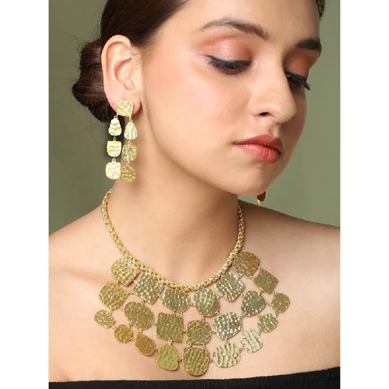 choker necklaces for women-Zurooh 18K Gold Plated Hammered Texture Necklace with Earrings