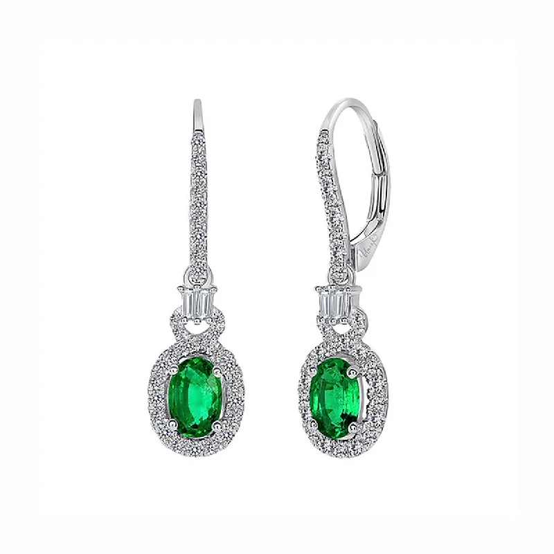 modern earrings for women-Halo Oval Shaped Emerald Dangle Earrings