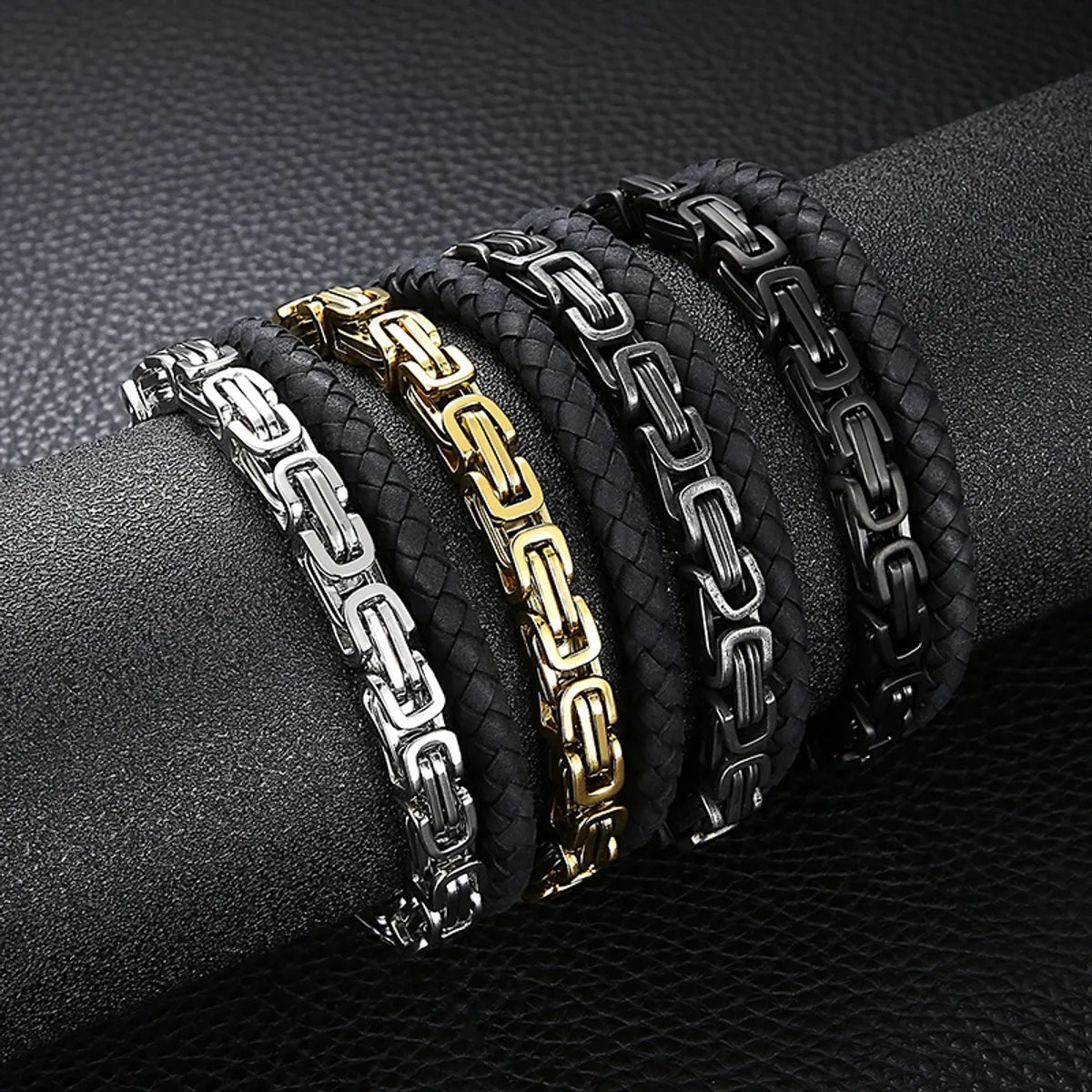 silver charm bracelets for women-Retro Punk Geometric Pu Leather Titanium Steel Braid Chain Men'S Bangle