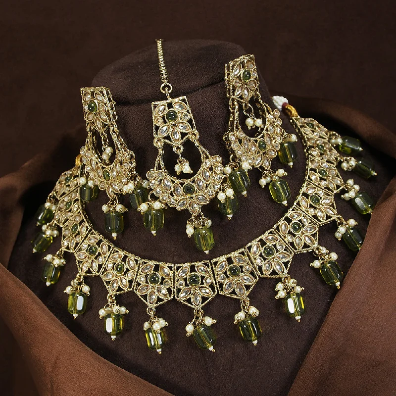 lock and key necklaces for women-LALSO Antique Gold plated Necklace Jewelry Set With Maangtika