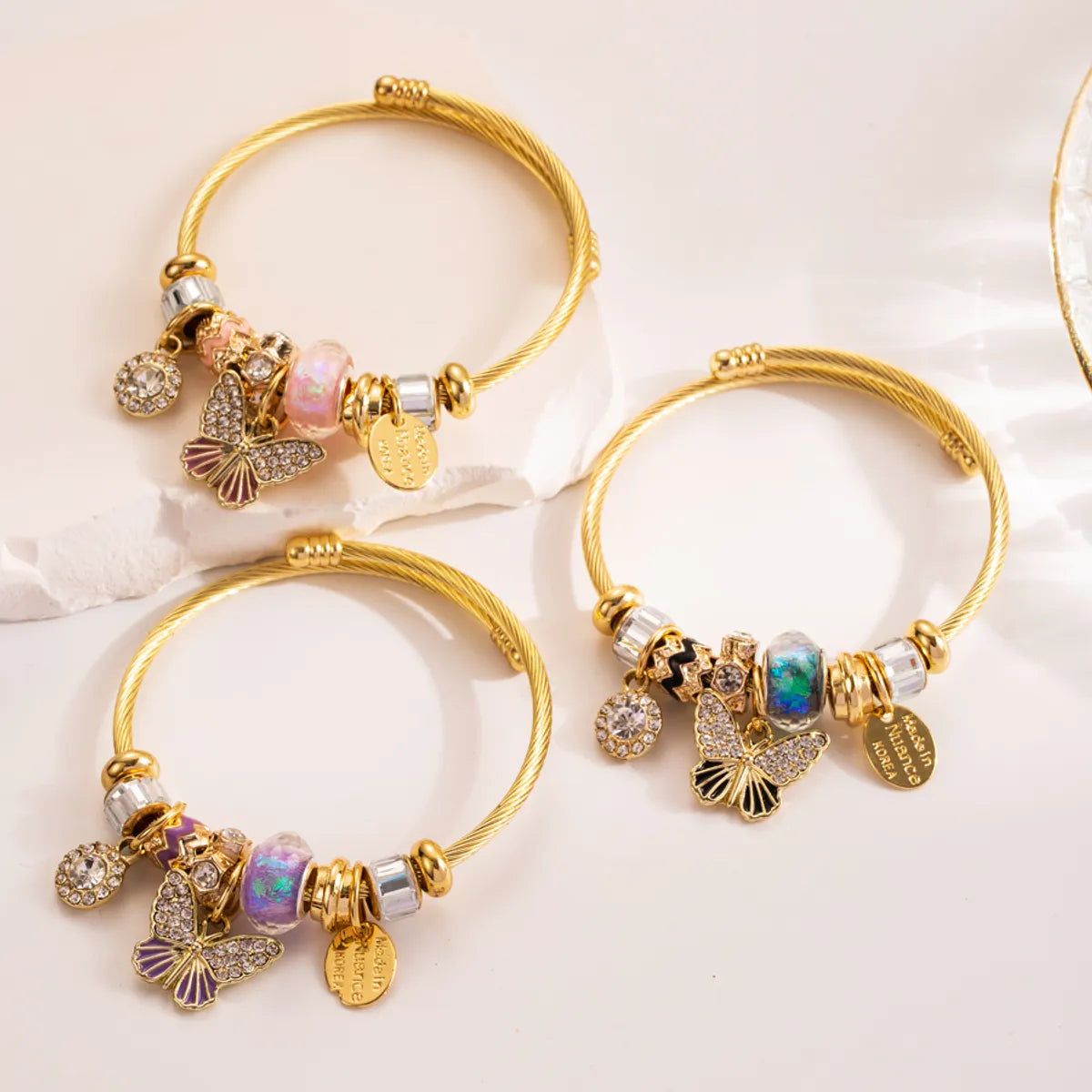 colorful bangles for women-Elegant Sweet Butterfly Alloy Titanium Steel Plating Inlay Rhinestones Gold Plated Bangle